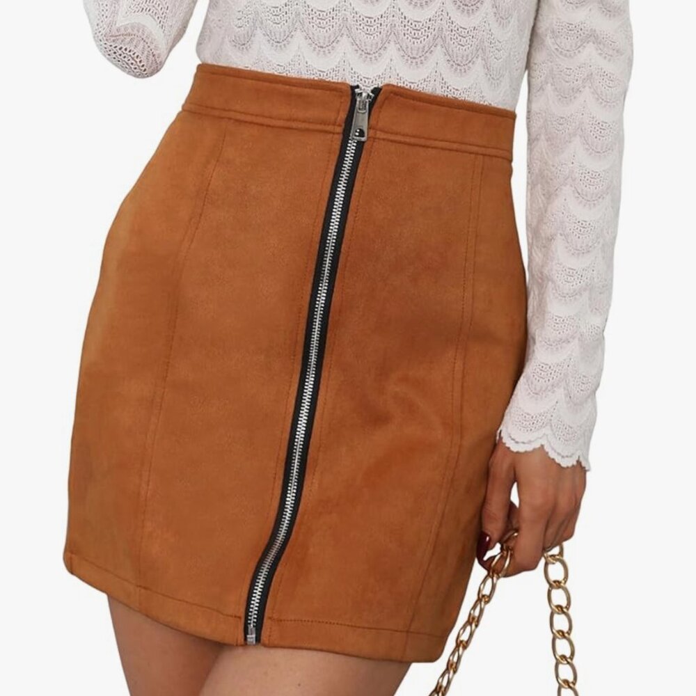 2 Pack - High Waist Camel Faux Suede Short  Mini Skirt